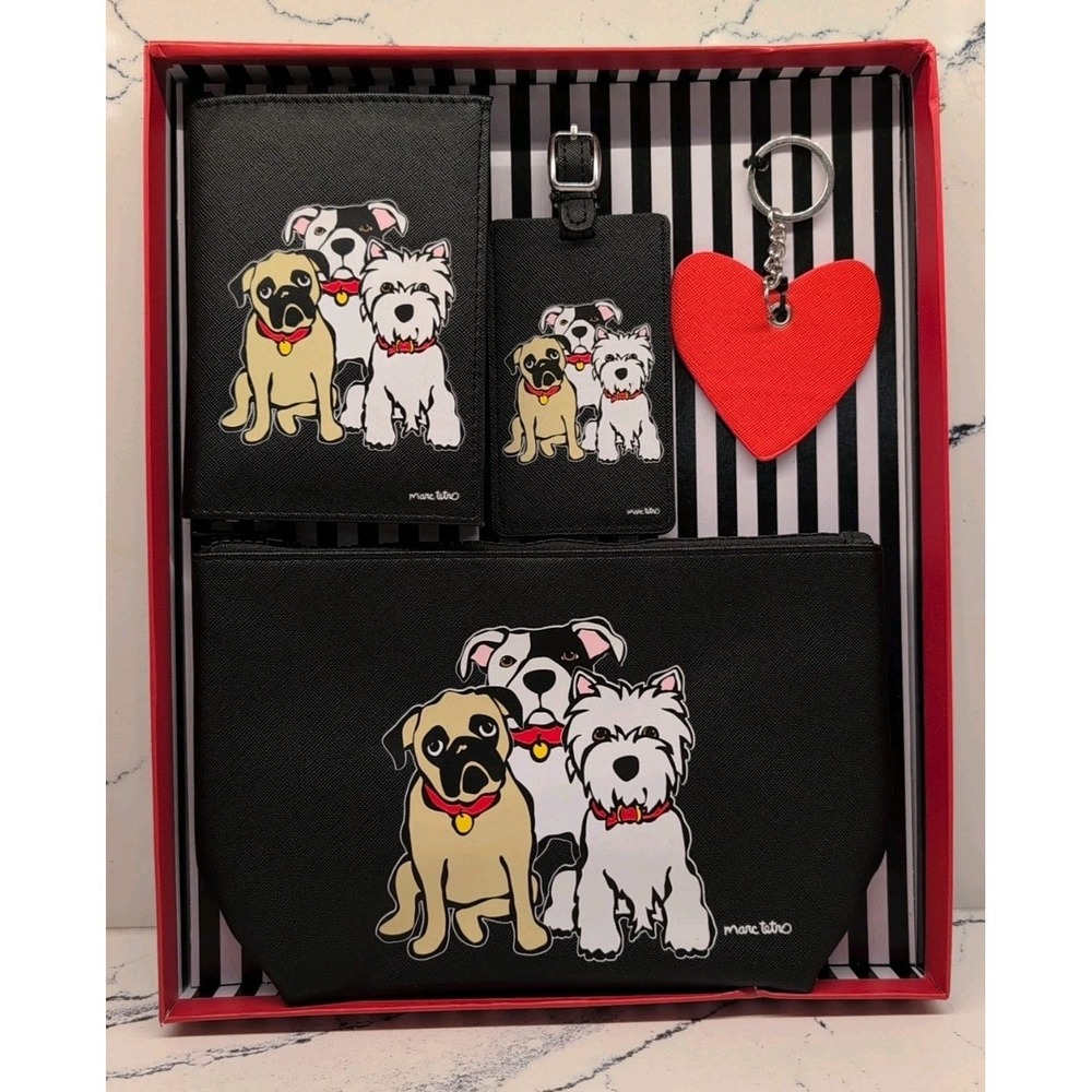 Marc Tetro Pug, Westie, Bulldog Makeup Bag, Luggage Tag, Passport, Charm Set NWT